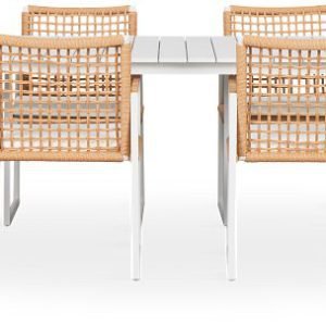 Sunrise White 86″” Rectangular Table & 4 Teak Arm Chairs